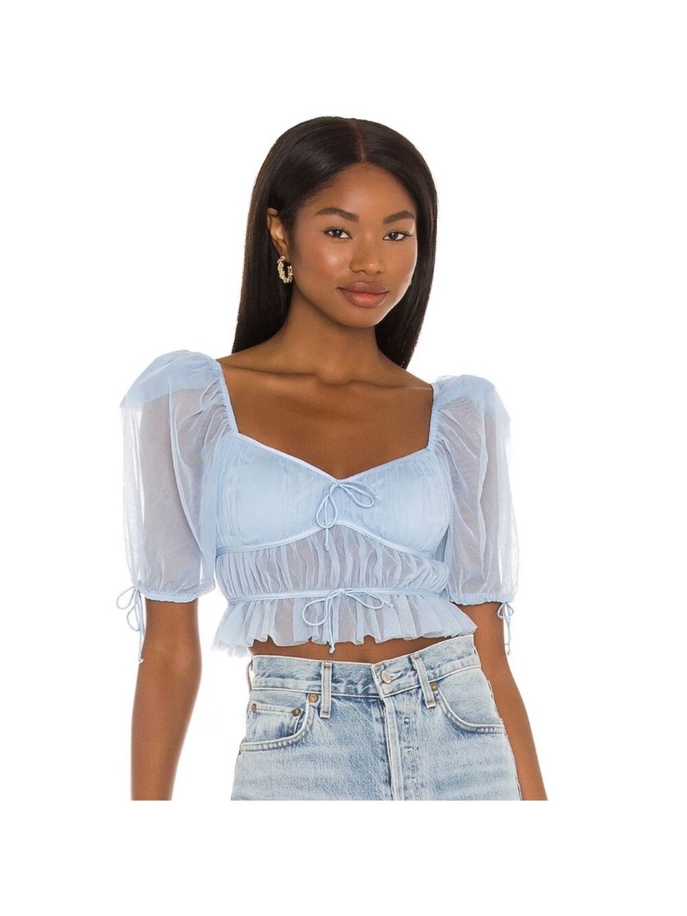 NWT For Love & Lemons Sunshine Sheer Mesh Puff Sleeve Crop Top Light Blue xl